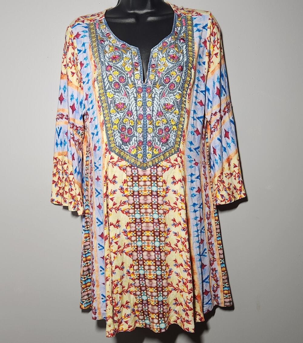 Soft Surroundings Fifi Embroidered Boho Mixed Print Bell Sleeve Tunic Blouse Med